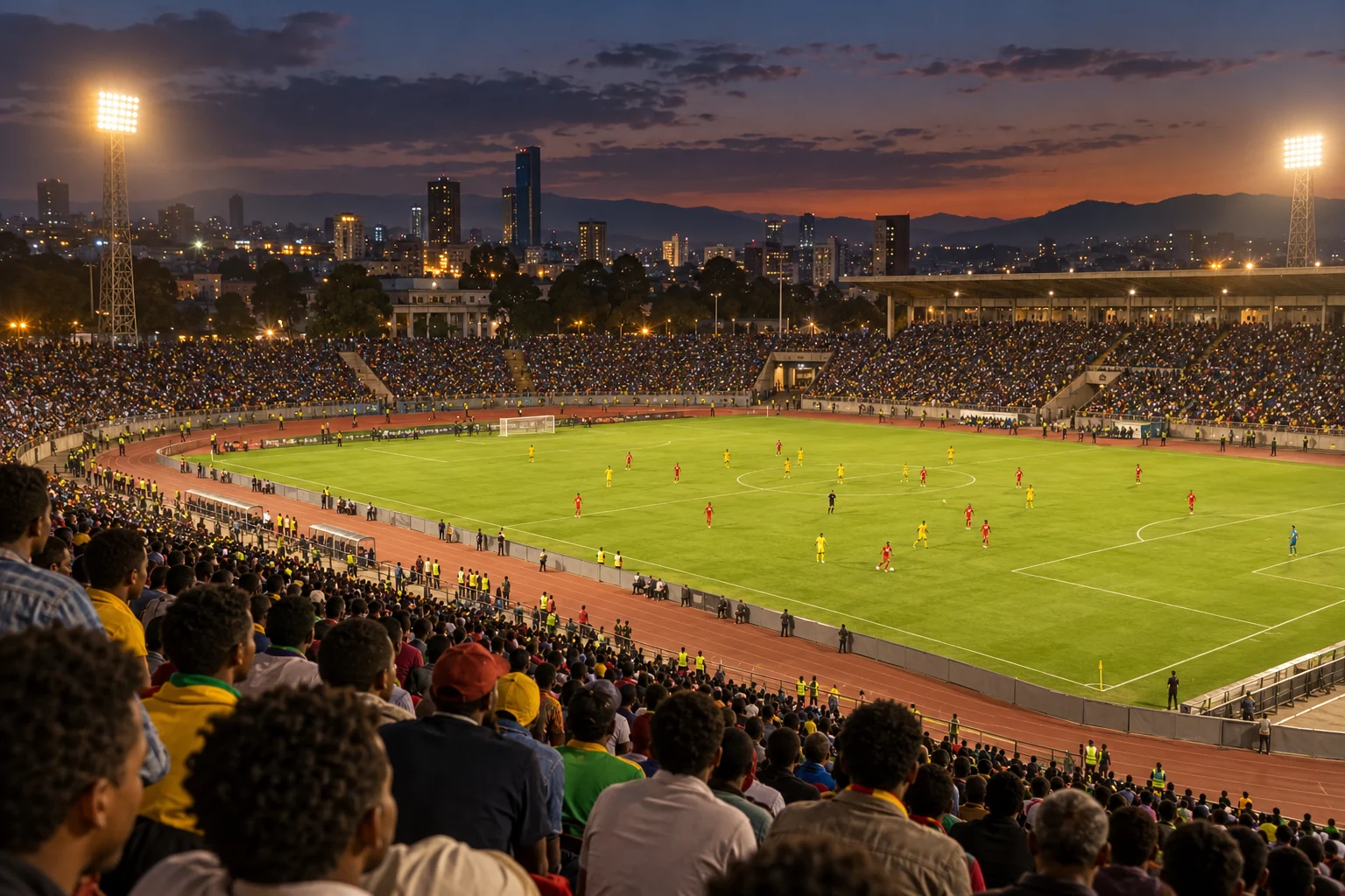 AI-generated editorial image of a night football stadium in an Ethiopian city setting